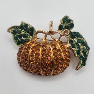 Pumpkin Gold and Green Rhinestone Brooch
